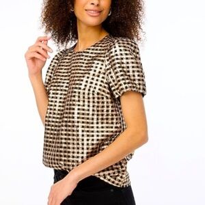 J. Crew Metallic Gold and Black Check Plaid Crinkle Top Puff Sleeve Sz M